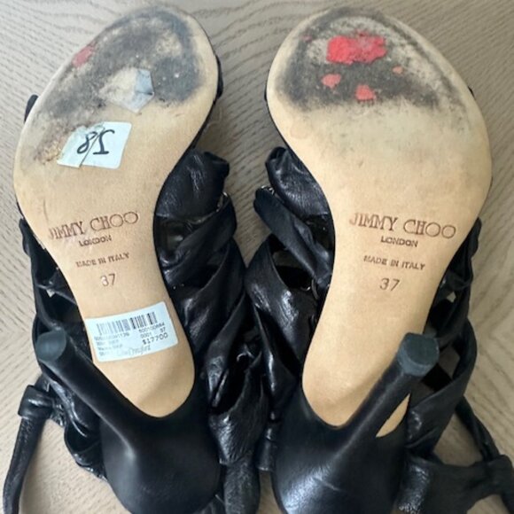 Jimmy Choo Stiletto Sandals with Ankle Strap, Black Leather and Crystals - Picture 13 of 13